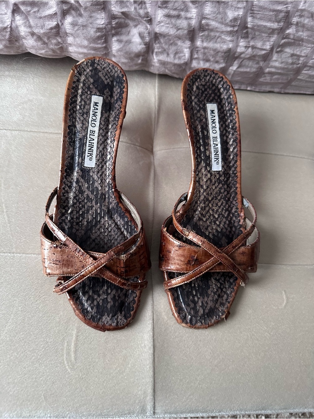 Manolo Blahnik Copper Brown Leather Slide Mules